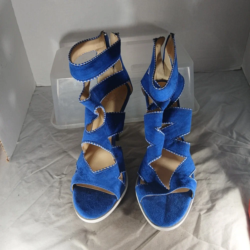 GX Gwen Stefani‎ Yori Sandals 9.5 Blue Cage Platform Stiletto Heels Edgy Zigzag